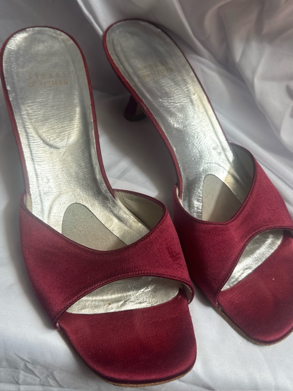 Stewart Weitzman Burgundy Satin Open-Toe Mules